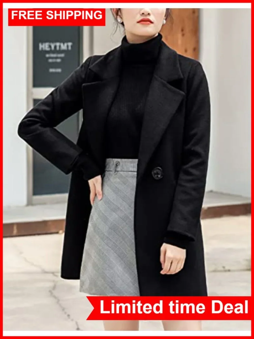 Wool Cotton Blend Pea Coat Long Notch Lapel Double Breasted